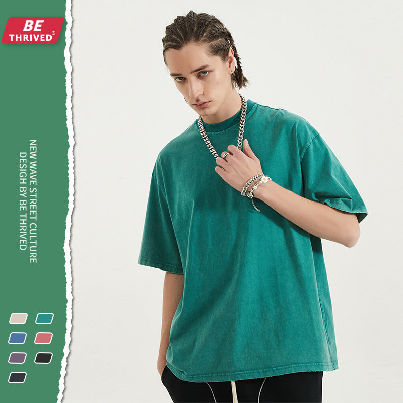 Men's Summer Solid Color Short-Sleeved T-shirt Men's Large Size Loose Retro Sports Top Men's Top