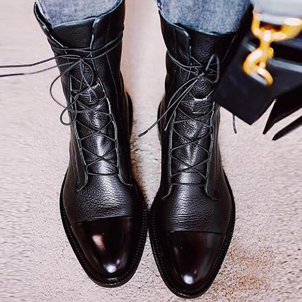 Coachella Festival Boots Low Heel round Toe Cross Strap Mid-Calf Women's Riding Boots