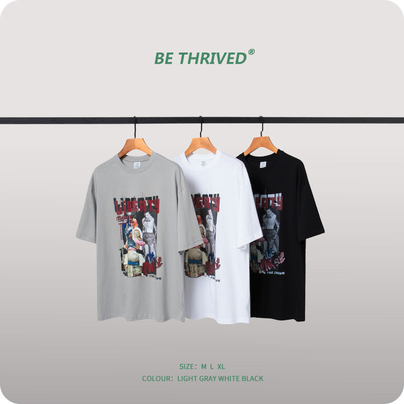 Men's Summer Retro plus Size Loose Top Casual Art Style Short Sleeve T-shirt Men's Top