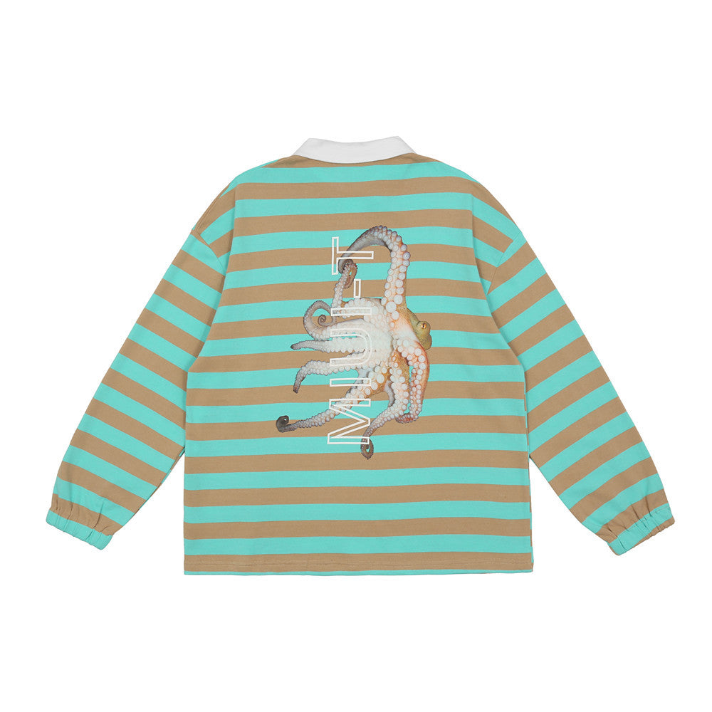 Men Summer Pullover Sweater Printed Striped Long-Sleeved Polo Shirt Men's Lapel T-shirt Street Fashion Pullover