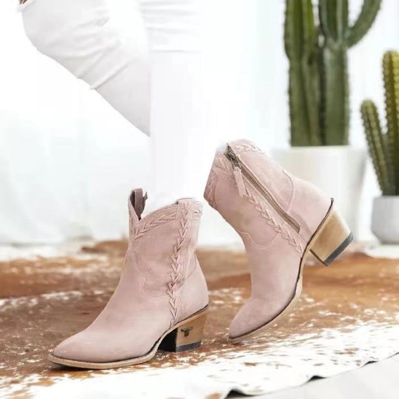 Coachella Festival Boots Ankle Boots Pointed Toe European and American Style Side Zipper Chunky Heel Short plus Size