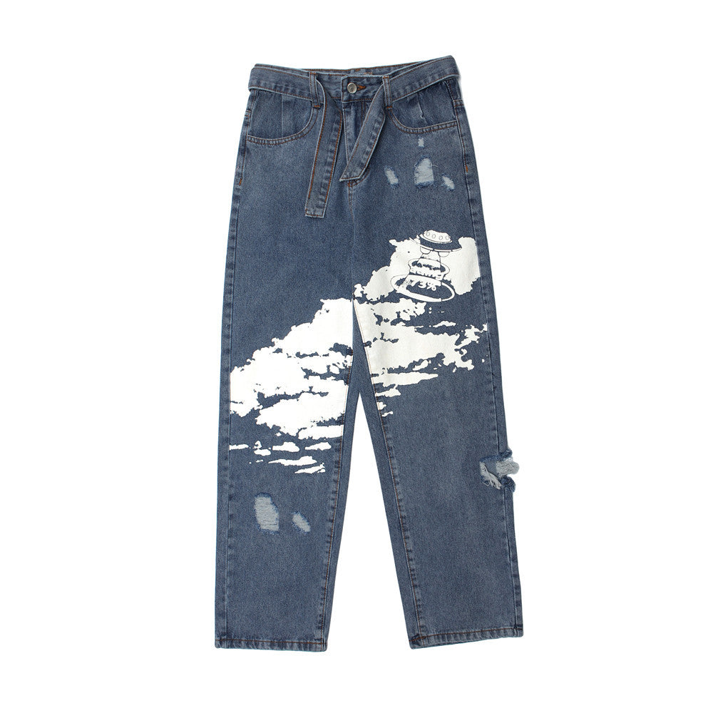 Printed Jeans Men's plus Size Retro Sports Trousers Baggy Straight Trousers Men's Men's Jeans