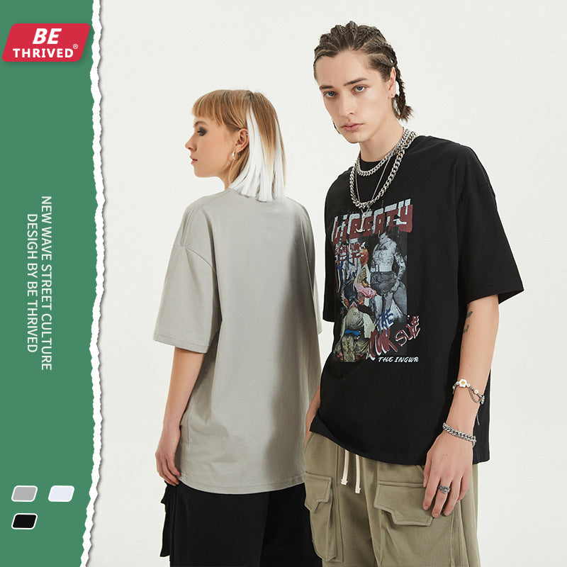 Men's Summer Retro plus Size Loose Top Casual Art Style Short Sleeve T-shirt Men's Top