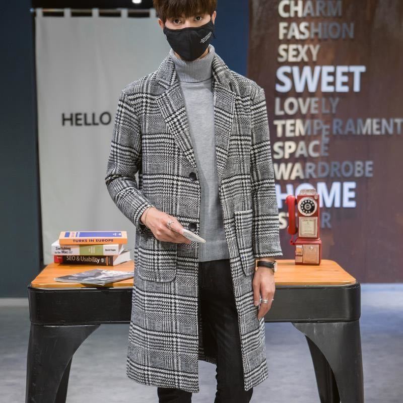 Plaid Peacoat Mens Men's Duster Casual Coat Autumn and Winter Plaid Coat Casual Fashion Mid-Length Men's Top