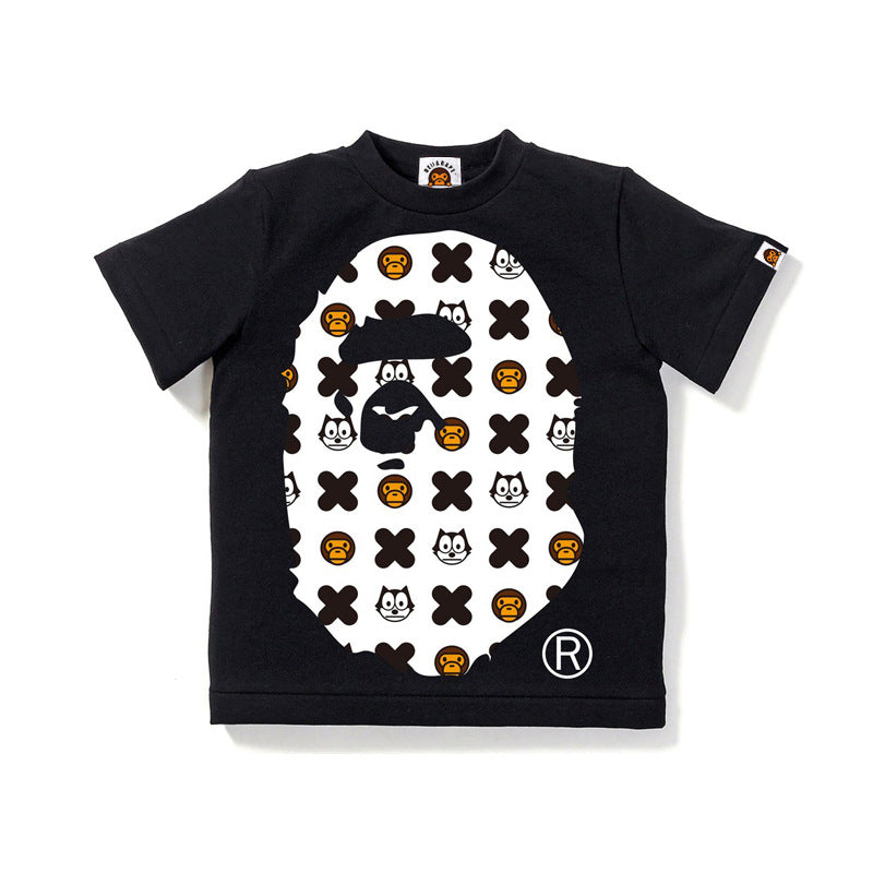 A Ape Print for Kids T Shirt Factory Wholesale 2021ss Boys and Girls Cotton Short Sleeve T-shirt Printing Small and Older Children's Short Sleeve Cute Casual T-shirt