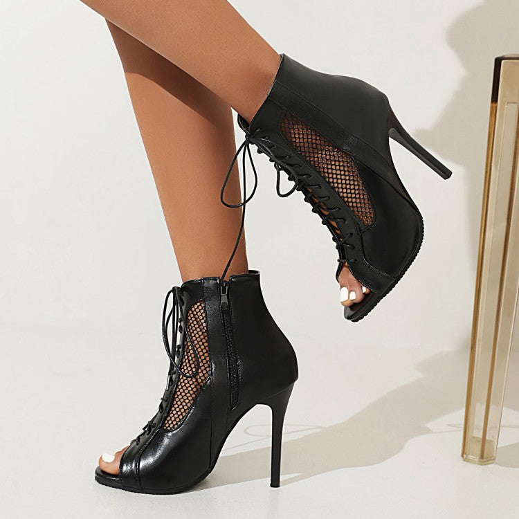 Coachella Festival Boots Spring Fish Mouth Lace-up Side Zip Stiletto Heel Plus Size Sandal Boots