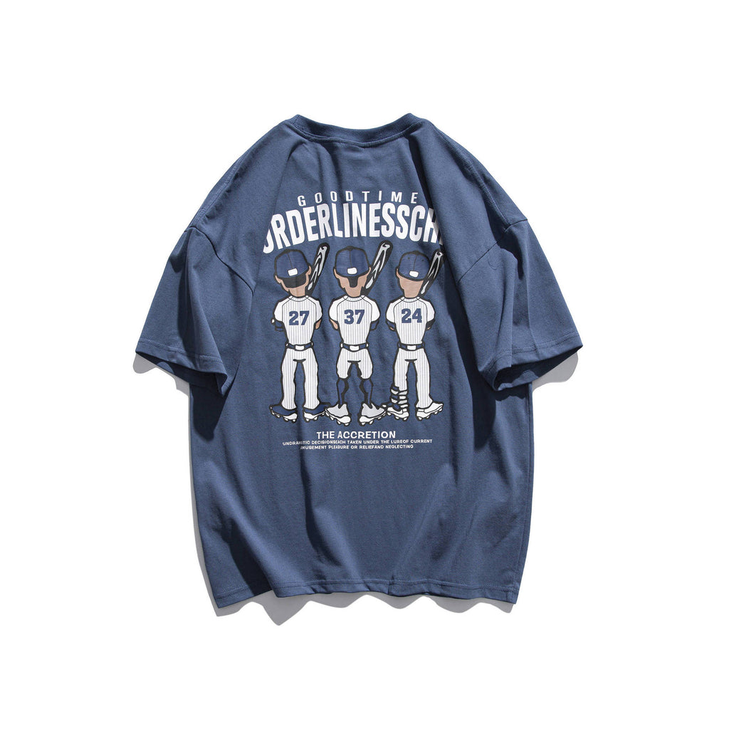 Varsity Jacket for Men Baseball Jackets Short-Sleeved T-shirt Men's Casual Cartoon Baseball Boy Letter Print Loose Sports round Neck