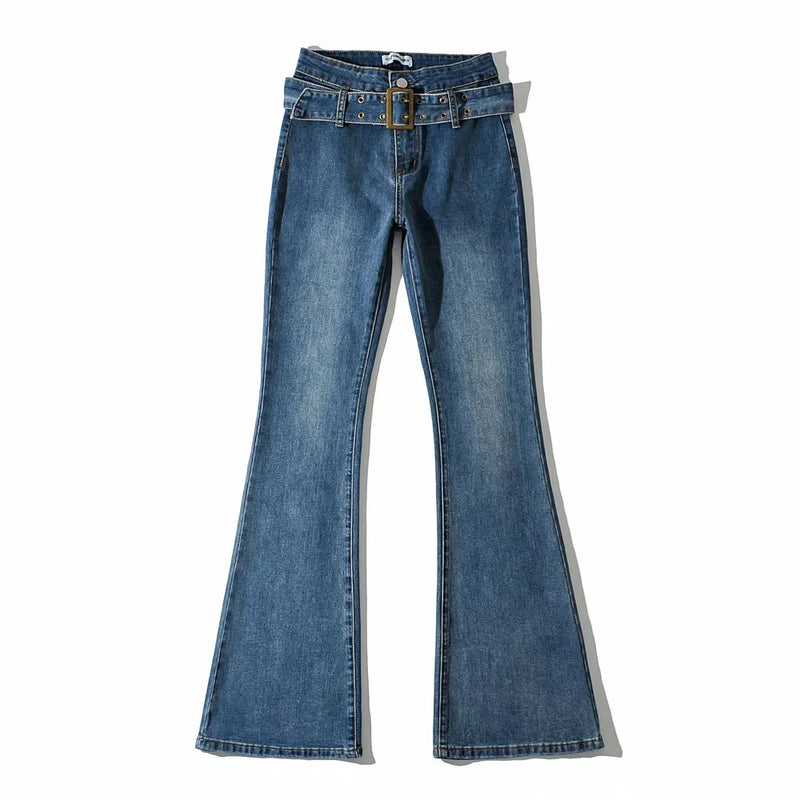 100 Cotton Jeans Women Autumn with Belt High Waist Stretch Slim Denim Bell-Bottom Pants