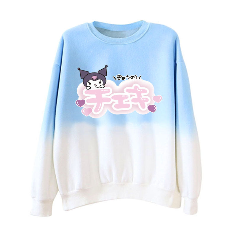 Kuromi Sweatshirt Long Sleeve Pullover Loose round Neck Gradient Color Top for Women