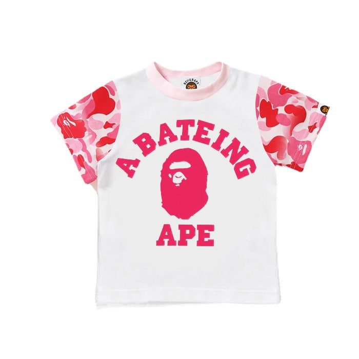A Ape Print for Kids T Shirt Spring/Summer Children Camouflage Sleeve Stitching Letter Print T-shirt