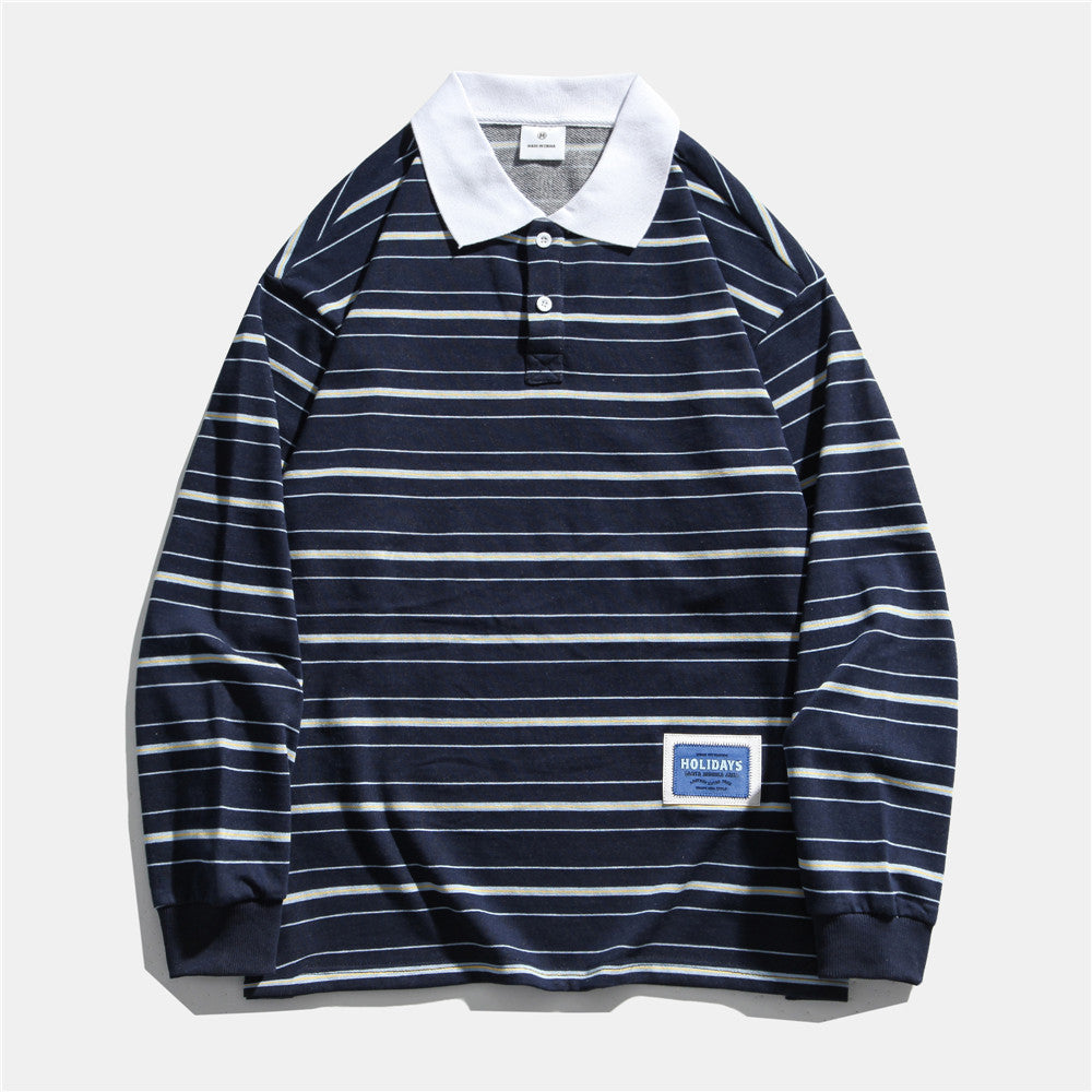 Men Summer Pullover Sweater Long-Sleeved T-shirt Men's Color Matching Pullover Boyfriend Harajuku Style Street Fashion Loose