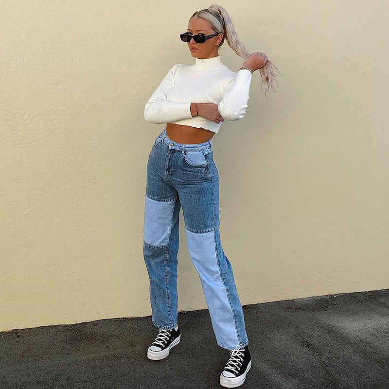 100 Cotton Jeans Women Summer Hip-Hop Street Color Contrast Patchwork Straight Casual Trousers