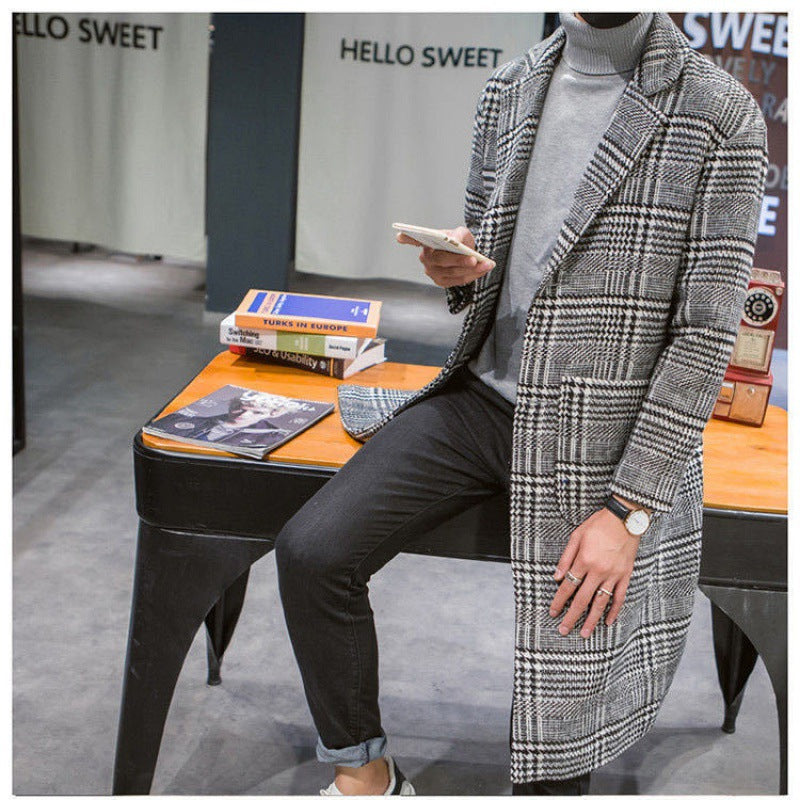 Plaid Peacoat Mens Men's Duster Casual Coat Autumn and Winter Plaid Coat Casual Fashion Mid-Length Men's Top