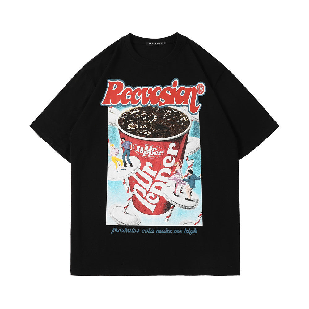 Men T Shirt Summer Casual Tops Coke Cup Printed Short Sleeve T-shirt Men's High Street round Neck Half Sleeve Summer Fashion Brand