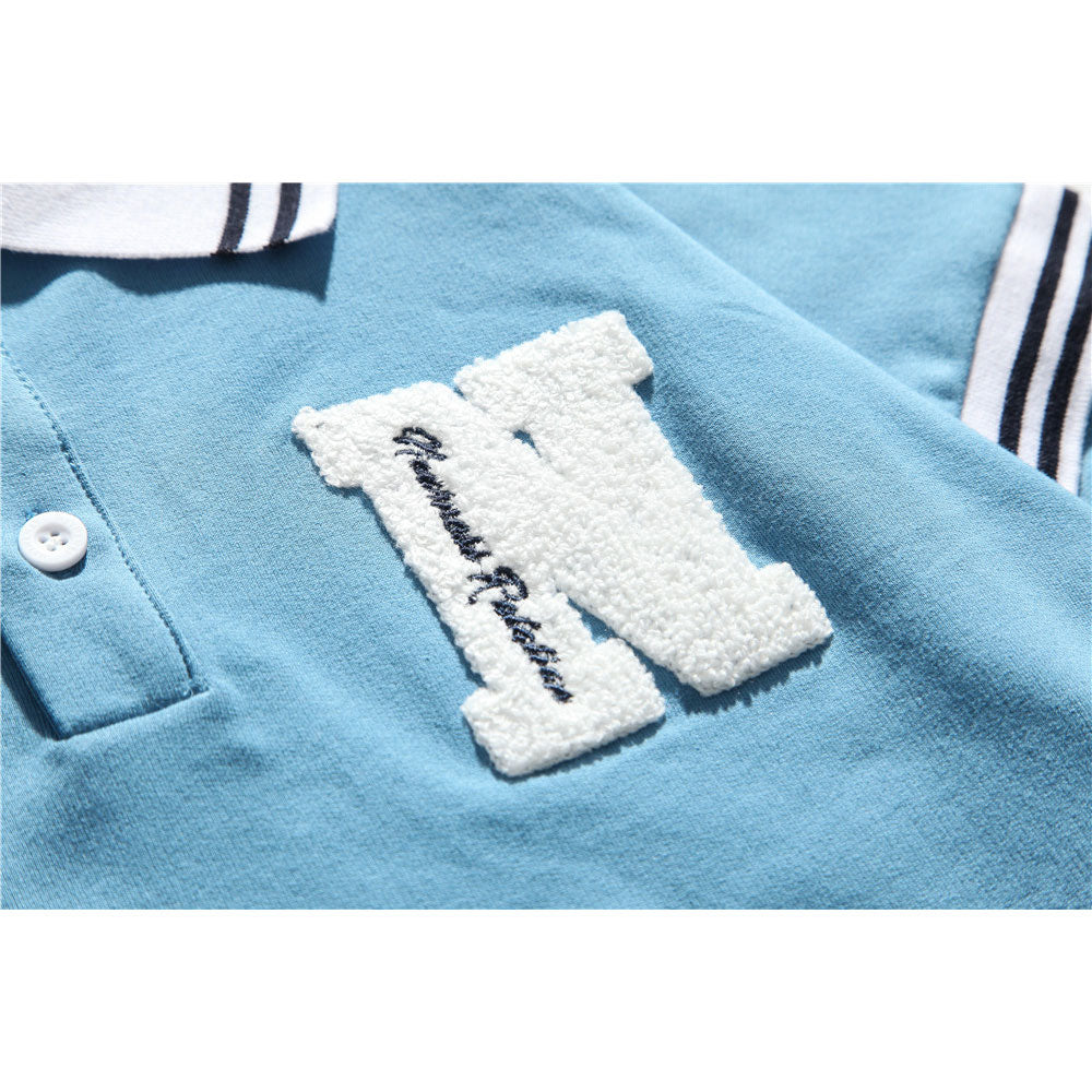 Men's T Shirt Summer Casual Tops Letter Embroidered Long Sleeve T-shirt Men's Color Stitching Turnover Neck Pullover Boyfriend Harajuku Style Trendy
