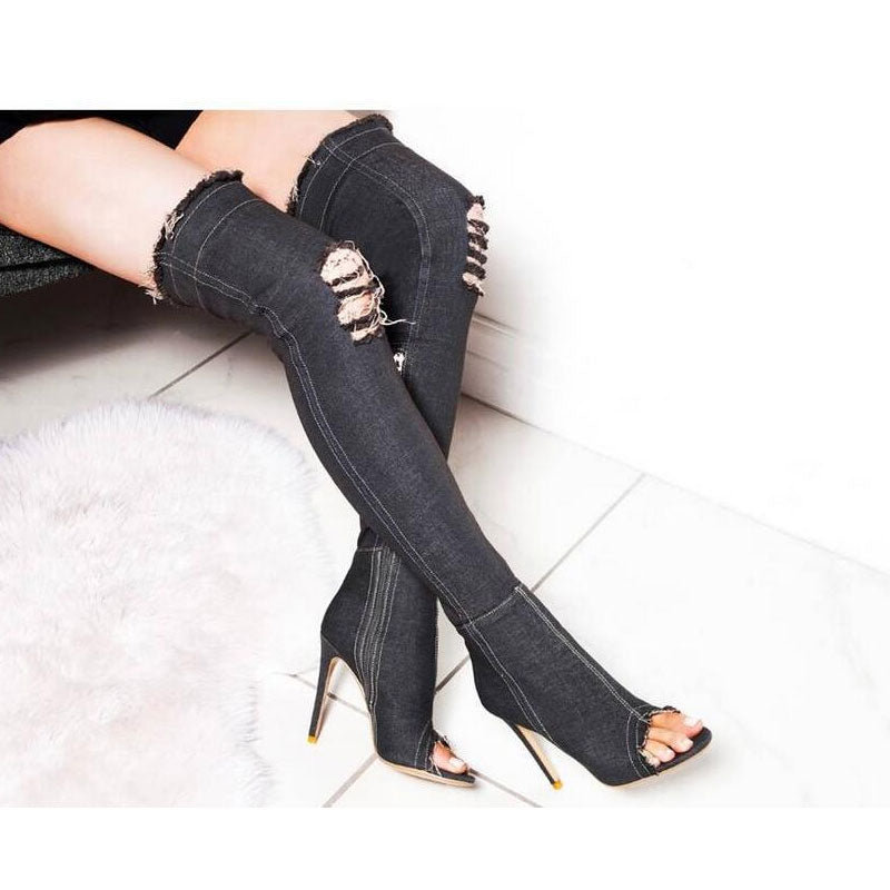 Coachella Festival Boots High Heel Long Denim Single Sandal Boots Stiletto Peep-Toe