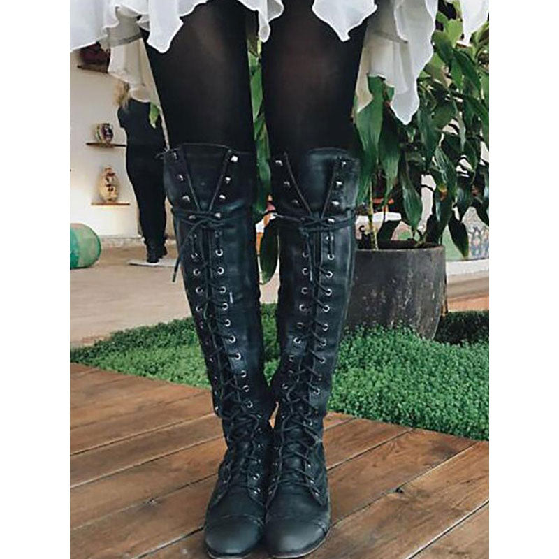 Coachella Festival Boots Solid Color Thick Low Heel High-Top Lace-up Women's Fashion Long Boots