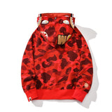 Bathing Ape Hoodie Gold Shark Head Double Hat Camouflage Sweater Men's Autumn and Winter Cardigan Zipper Jacket