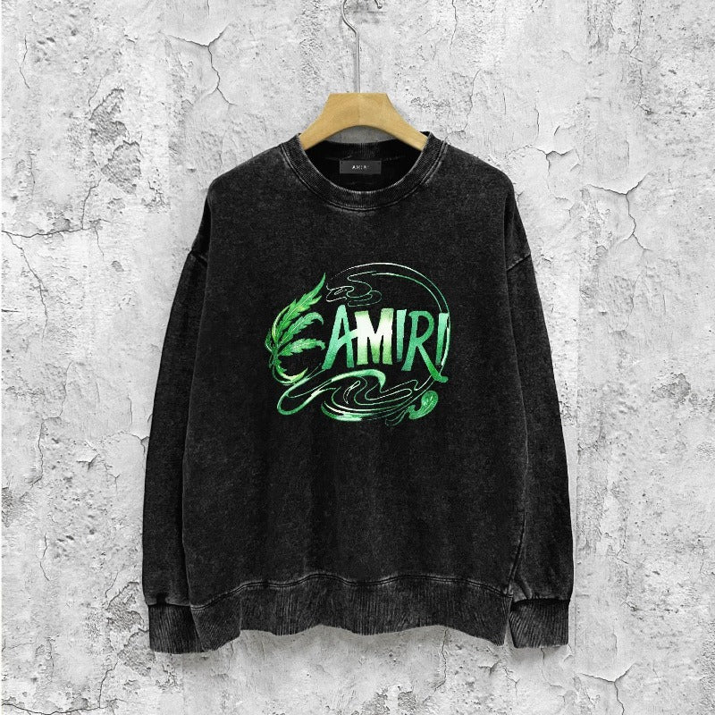 Amiri washed sweatshirt green leaf letterprinting washed and distressed