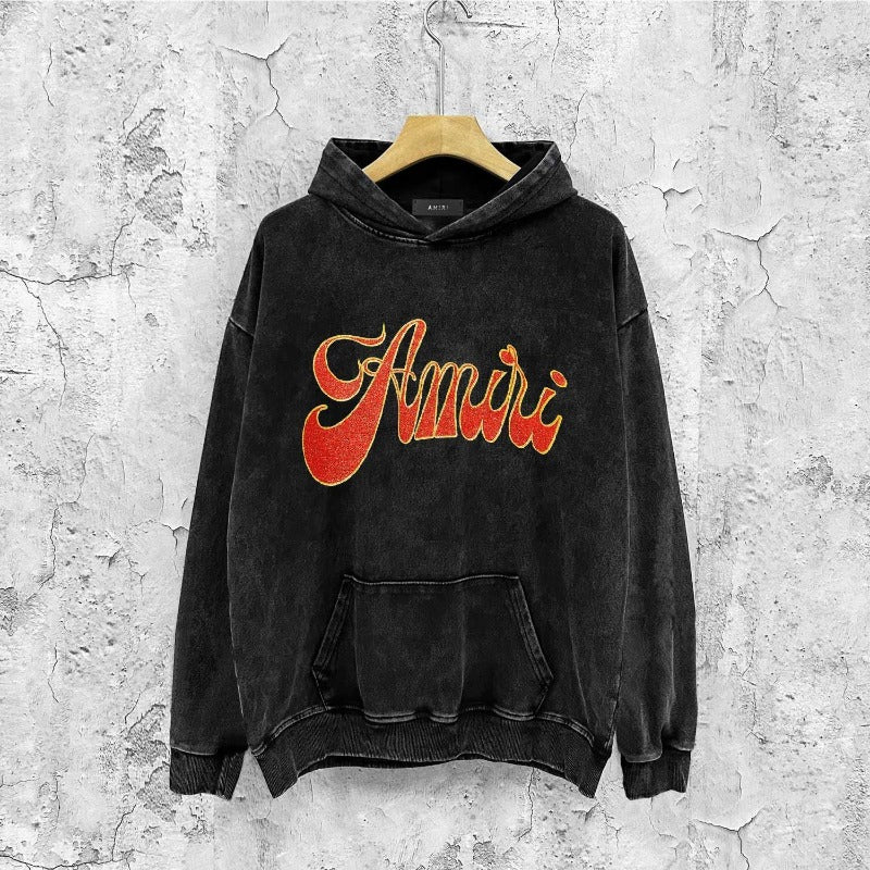 Amiri washed hoodie flame gold letterprinting distressed printing