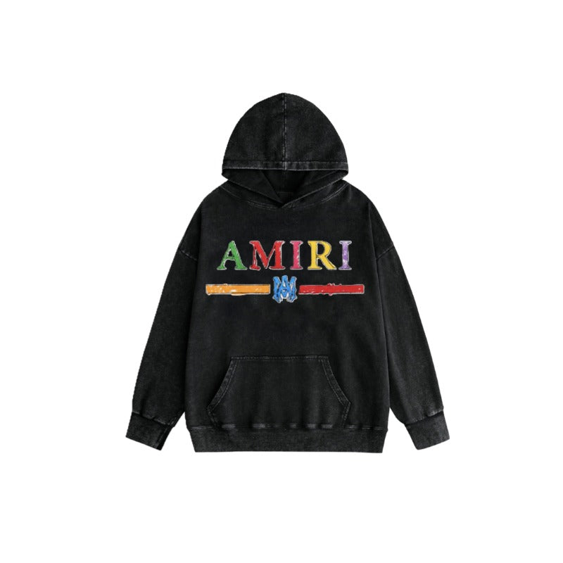 Amiri washed hoodie colorful graffiti letter horizontal strips washed and distressed