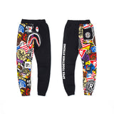 Bathing Ape Pants Shark Head Color Graffiti Splicing Sweatpants