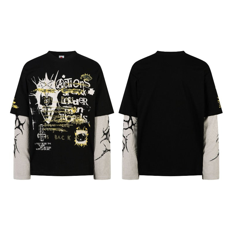 Men's long sleeve shirt - vintage streetwear style, creative painting graphic design, men's faux two-piece