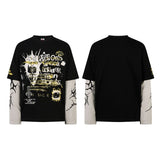Men's long sleeve shirt - vintage streetwear style, creative painting graphic design, men's faux two-piece