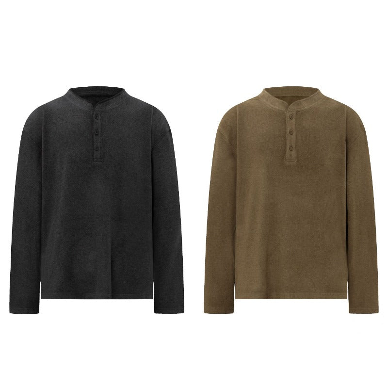 Men long sleeved shirt retro henry collar retro old money pure color bottom design men's round neck