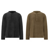 Men long sleeved shirt retro henry collar retro old money pure color bottom design men's round neck
