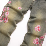 Mens Fashion Jeans Pink cherry blossom embroidery 5719#