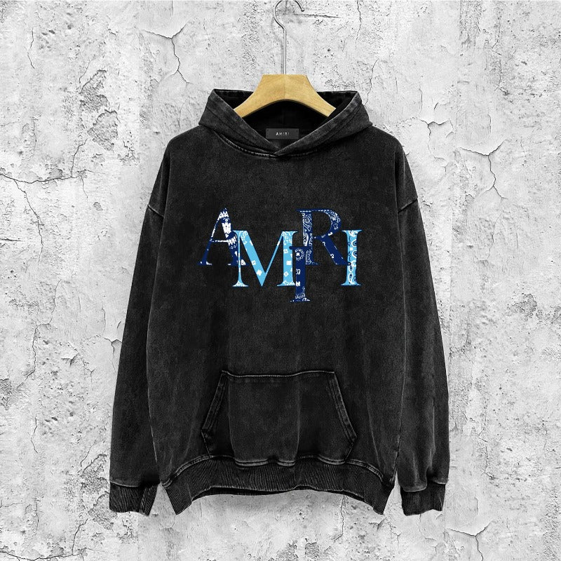 Amiri washed hoodie cashew flower overlapping letter washed distressedprinting