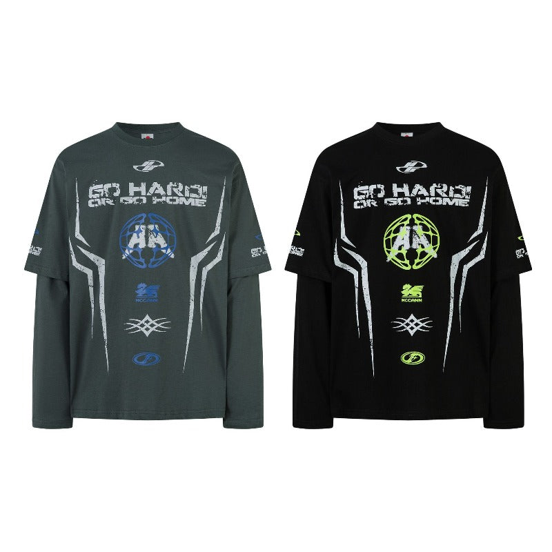 Men's long sleeve shirt - vintage streetwear style, creative graphic design, men's faux two-piece