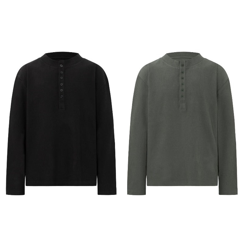 Men long sleeved shirt retro henley shirt retro old money pure color bottom design men's round neck