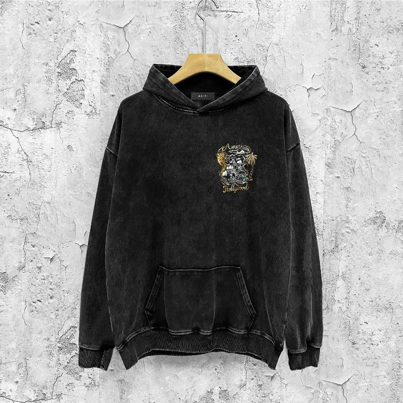 Amiri washed hoodie hollywood golden dragon printing distressed printing