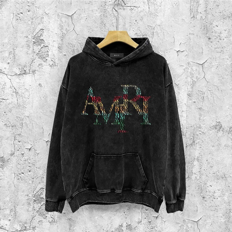 Amiri washed hoodie rainbow letter distressed printing