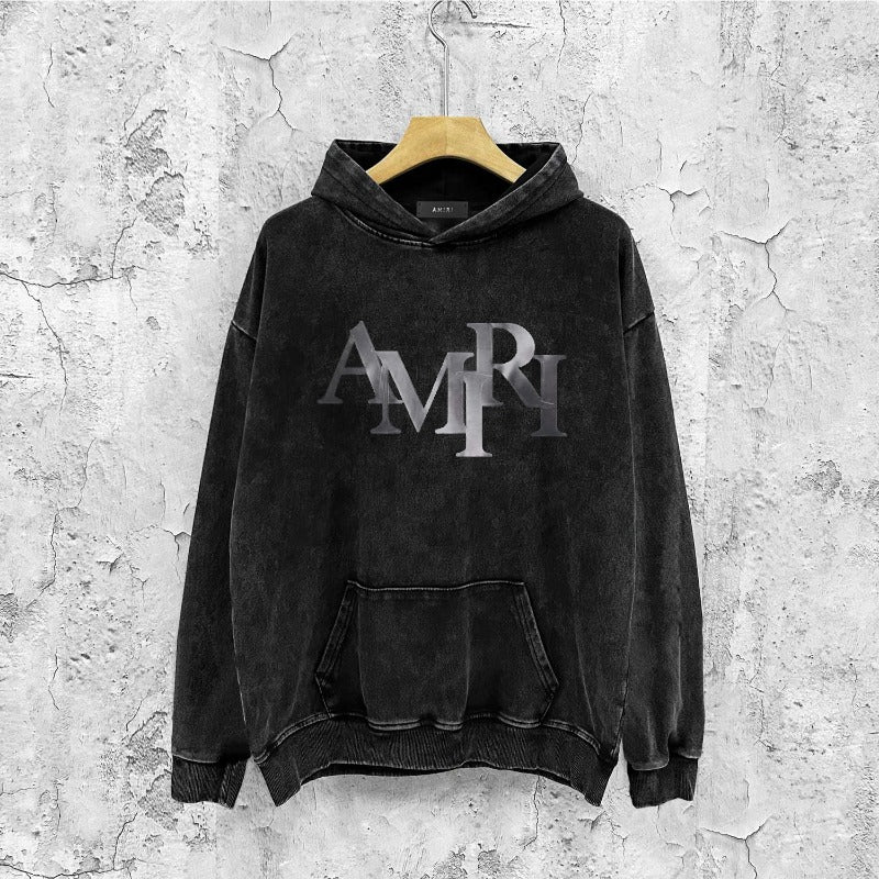 Amiri washed hoodie gray gradient letter washed distressed printing