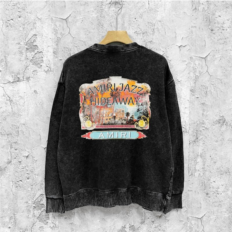 Amiri washed sweatshirt lake view oil painting printing washed and distressed