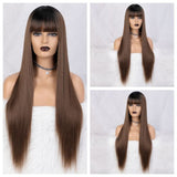 Women's Wigs Heat-Resistant Straight Bangs Wig with 4x4 Scalp