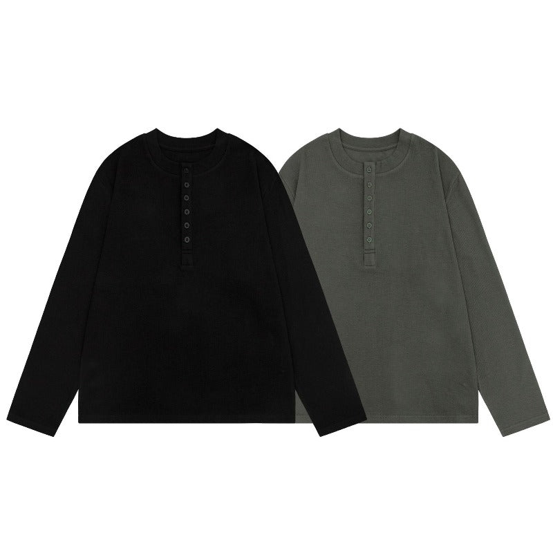 Men long sleeved shirt retro henley shirt retro old money pure color bottom design men's round neck