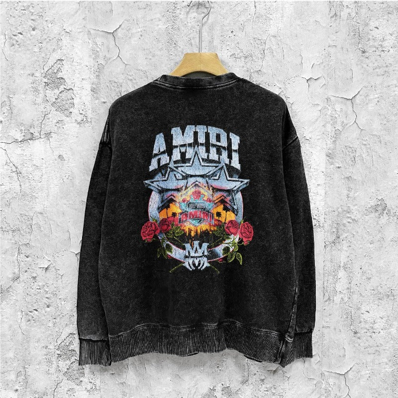 Amiri washed sweatshirt five-star rose printing washed and distressed