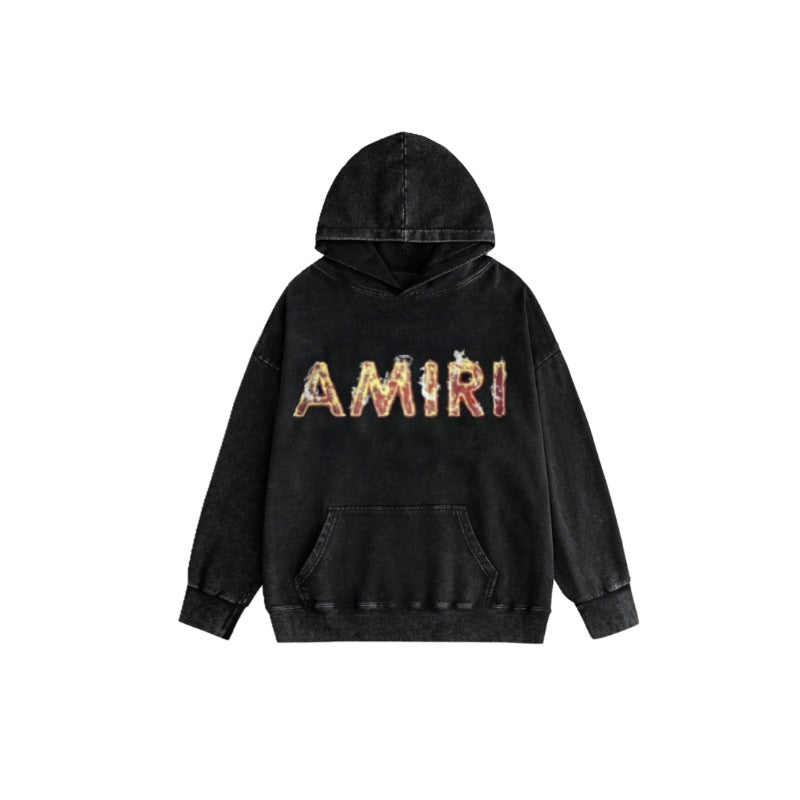 Amiri washed hoodie flame letter printing