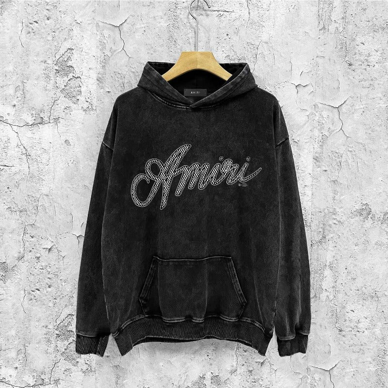 Amiri washed hoodie black and white distressed print