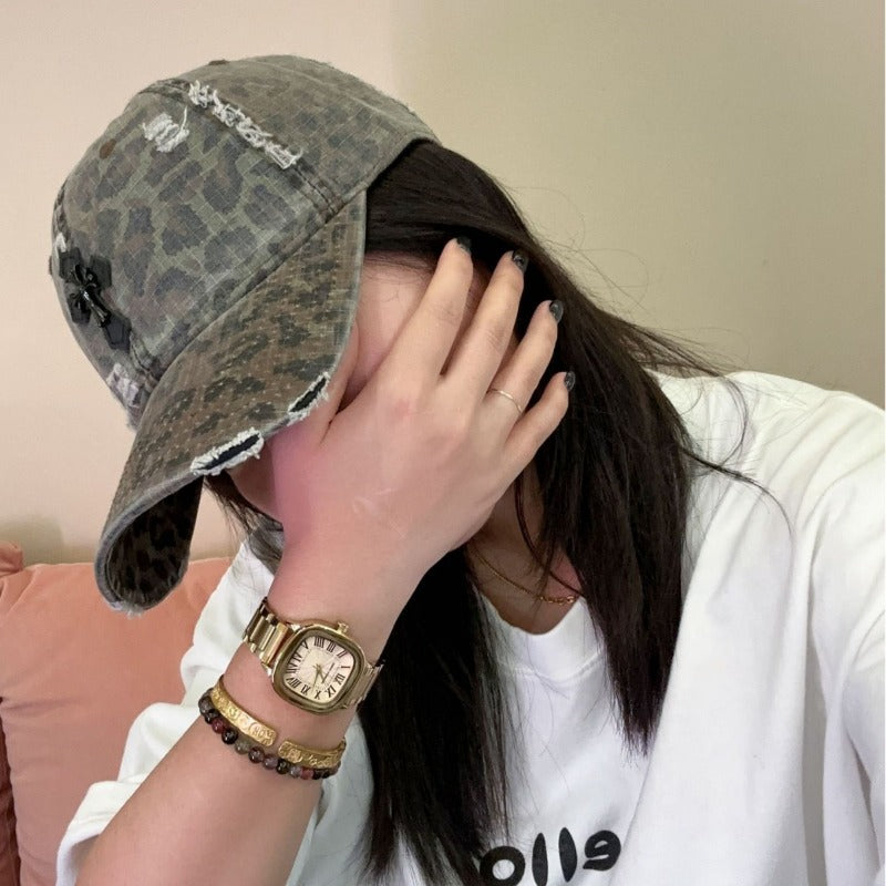Y2k hot girl hat heavy industry camouflage distressed baseball cap with cross and wide brim