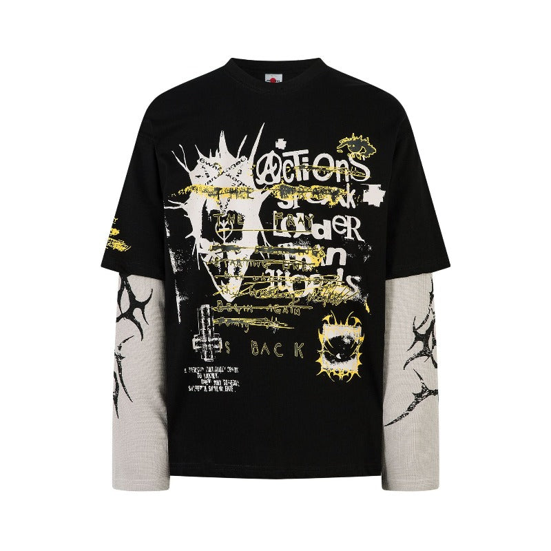 Men's long sleeve shirt - vintage streetwear style, creative painting graphic design, men's faux two-piece