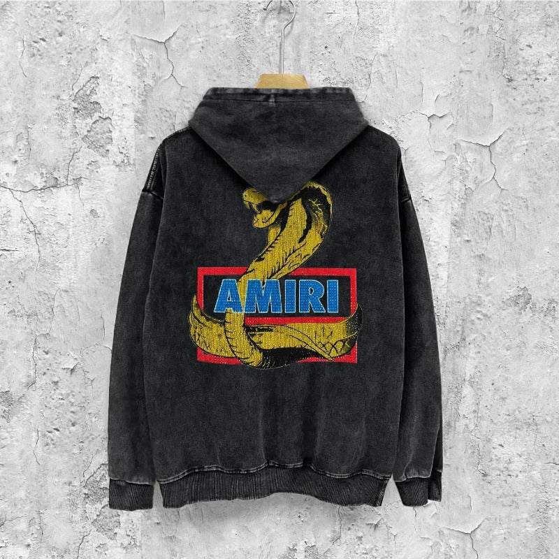 Amiri washed hoodie king cobra gold printing distressed printing