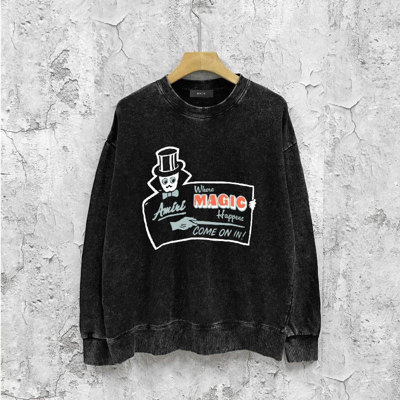 Amiri washed sweatshirt top hat magician printing washed and distressed
