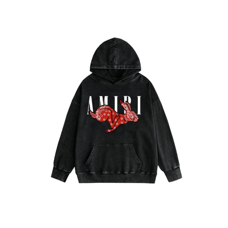 Amiri washed hoodie cashew flower rabbit letterprinting