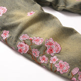 Mens Fashion Jeans Pink cherry blossom embroidery 5719#