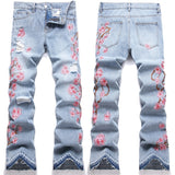 Mens Fashion Jeans Pink cherry blossom embroidered wide-leg pants 5711#